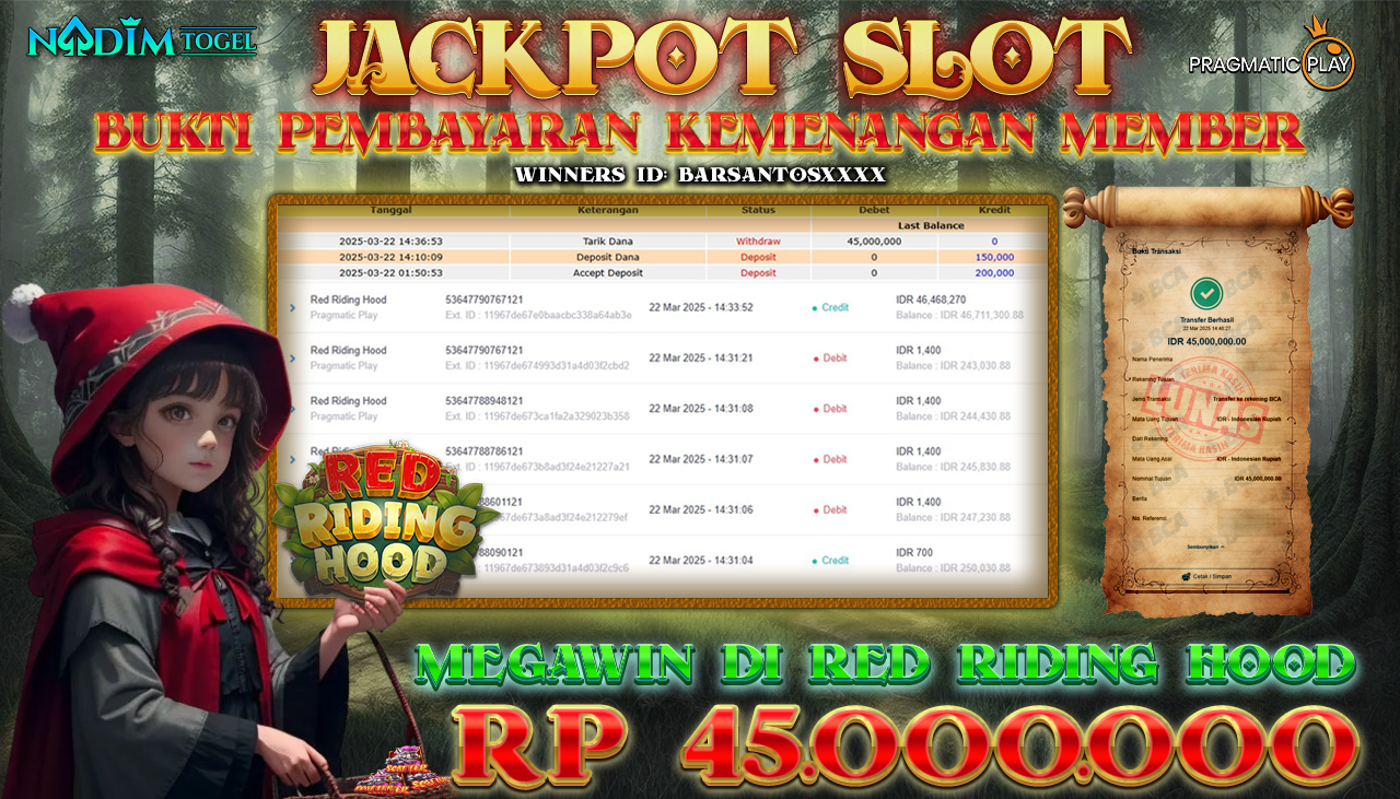NADIMTOGEL JACKPOT SLOT RED RIDING HOOD Rp.45.000.000,- LUNAS