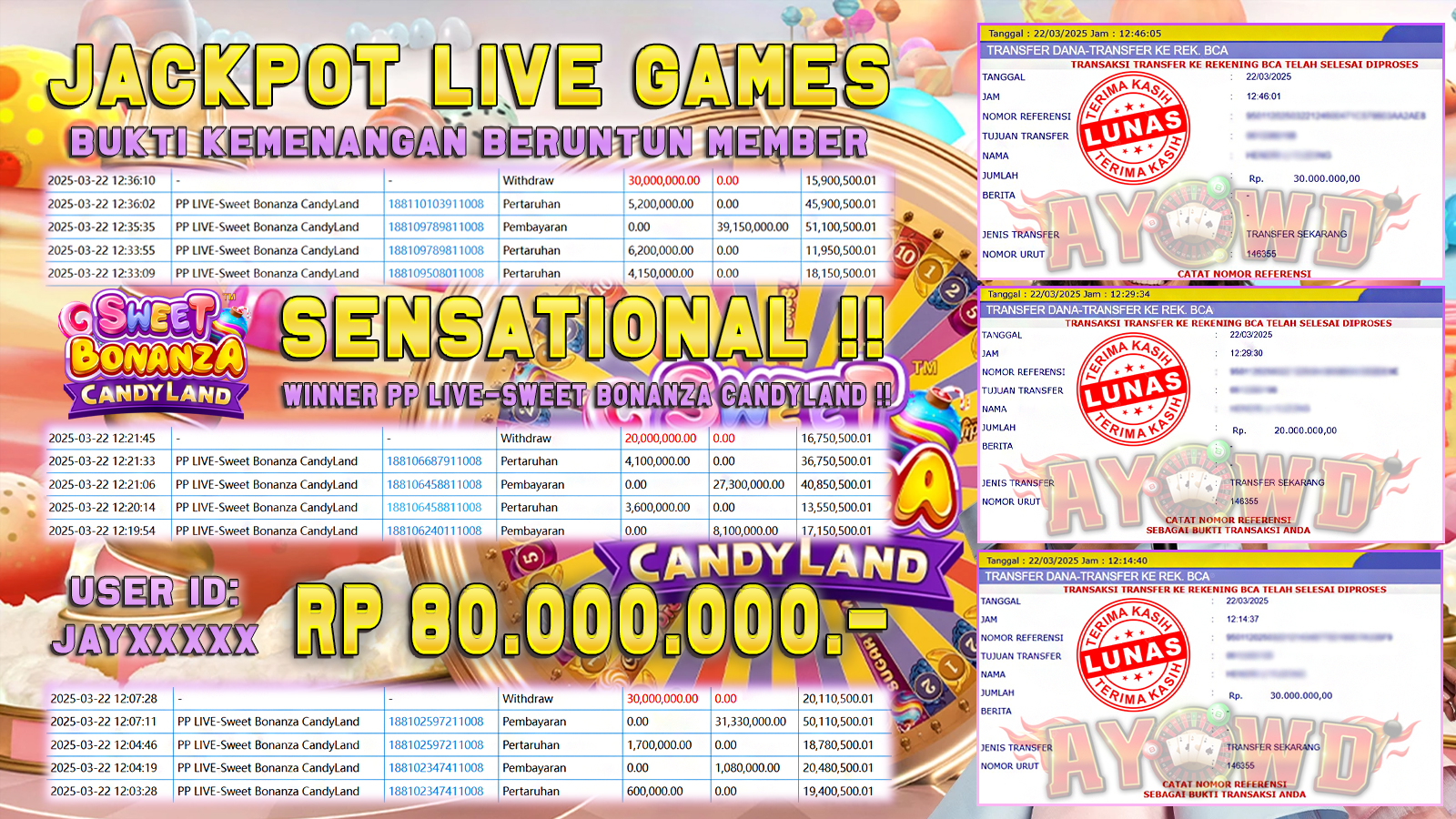 AYOWD JACKPOT LIVE GAMES PP LIVE-Sweet Bonanza CandyLand Rp 80,000,000,- LUNAS