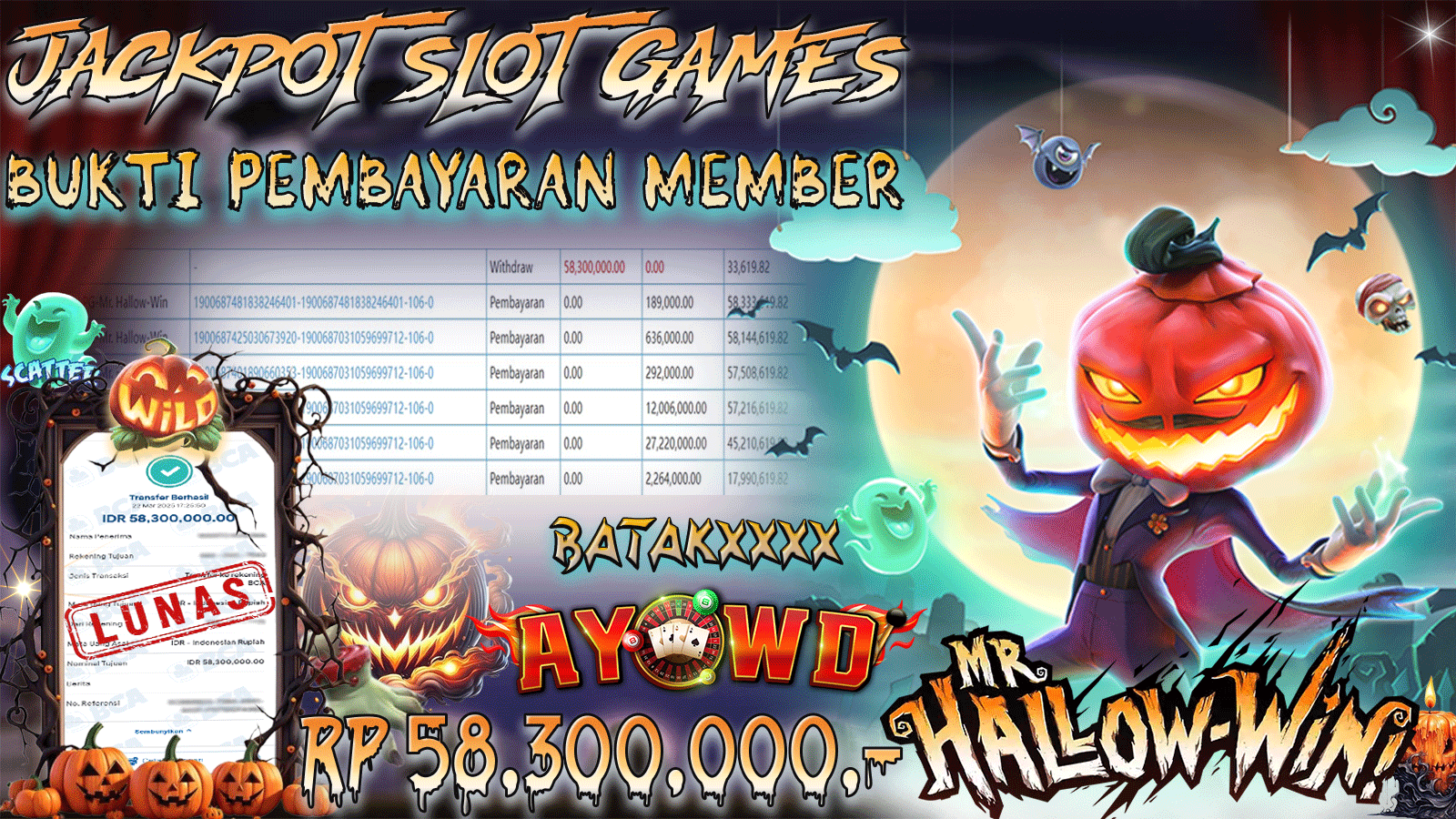 AYOWD JACKPOT SLOT GAMES PG-Mr Hallow-Win Rp 58,300,000,- LUNAS