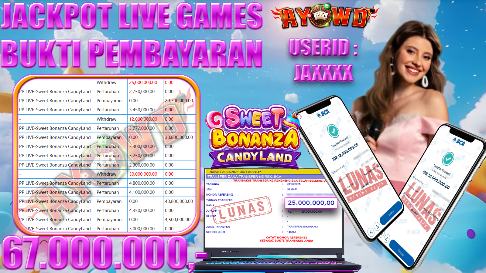 AYOWD JACKPOT LIVE GAMES PP LIVE-Sweet Bonanza CandyLand Rp 67,000,000,- LUNAS