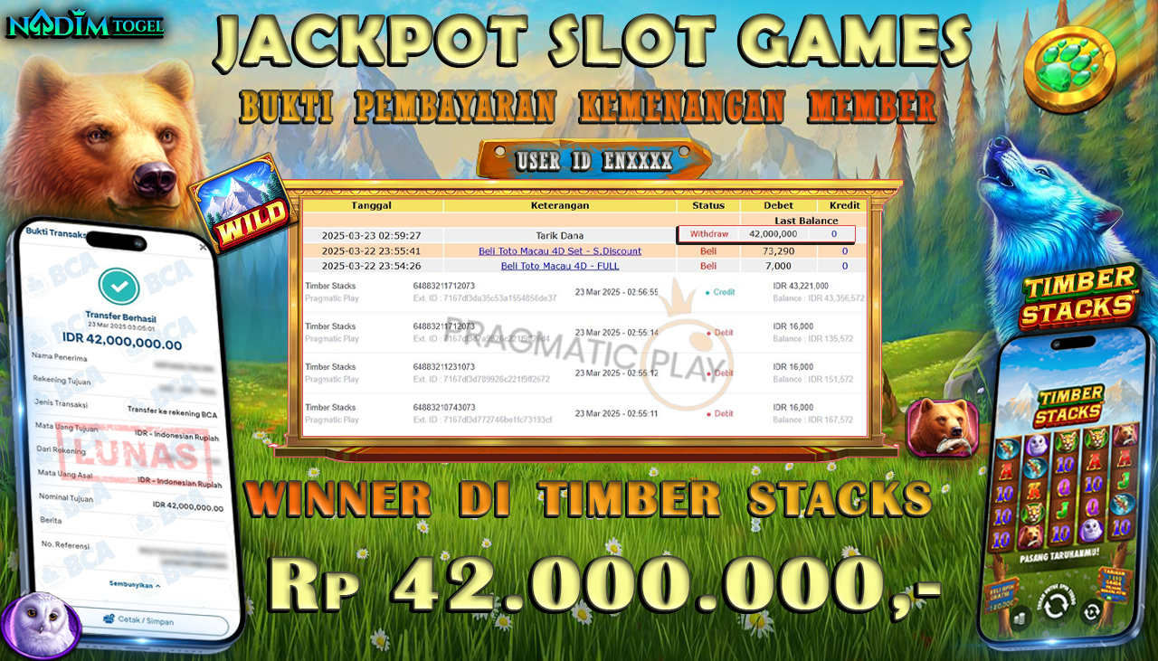 NADIMTOGEL JACKPOT SLOT TIMBER STACKS Rp 42.000.000,- LUNAS