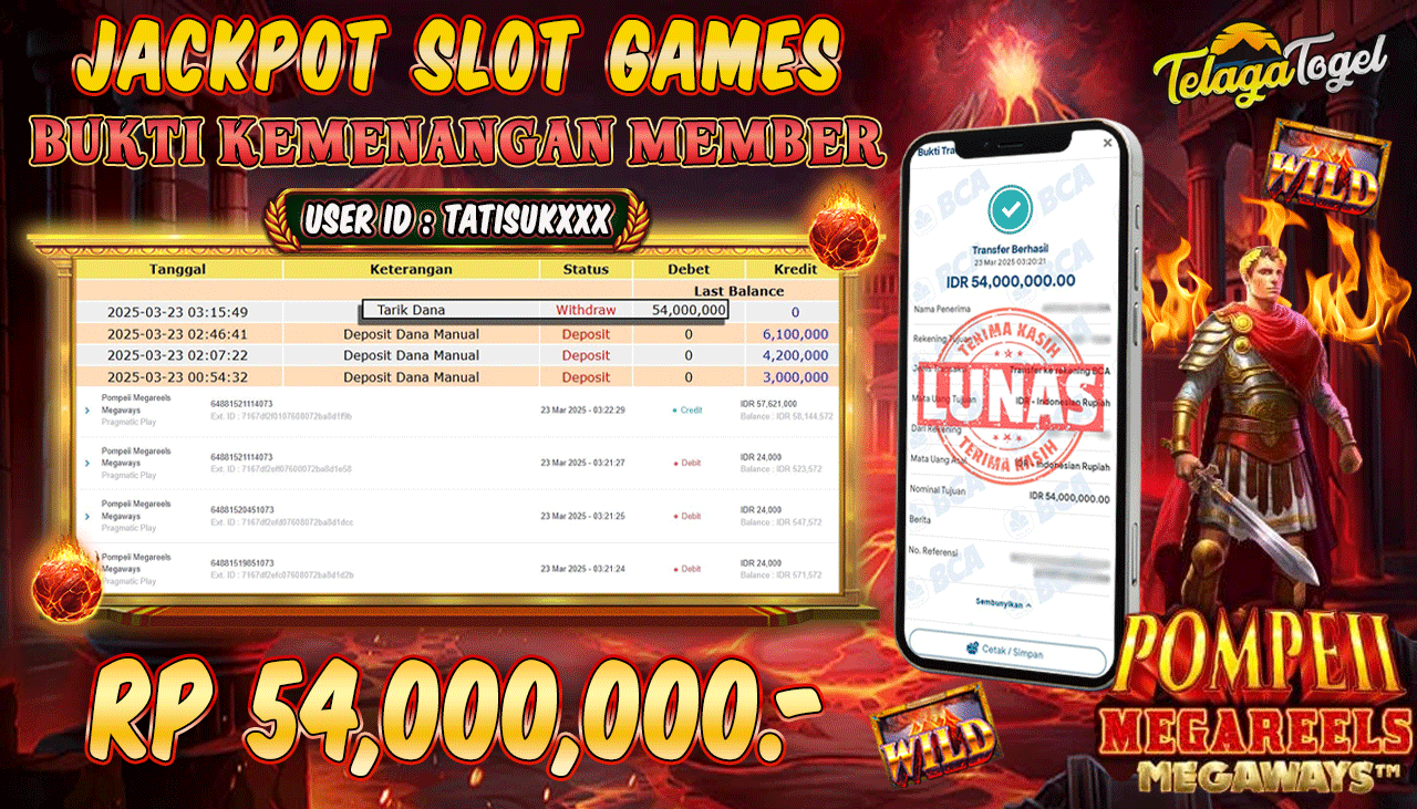 TELAGATOGEL JACKPOT SLOT POMPEII MEGAREELS MEGAWAYS Rp 54,000,000,- LUNAS 