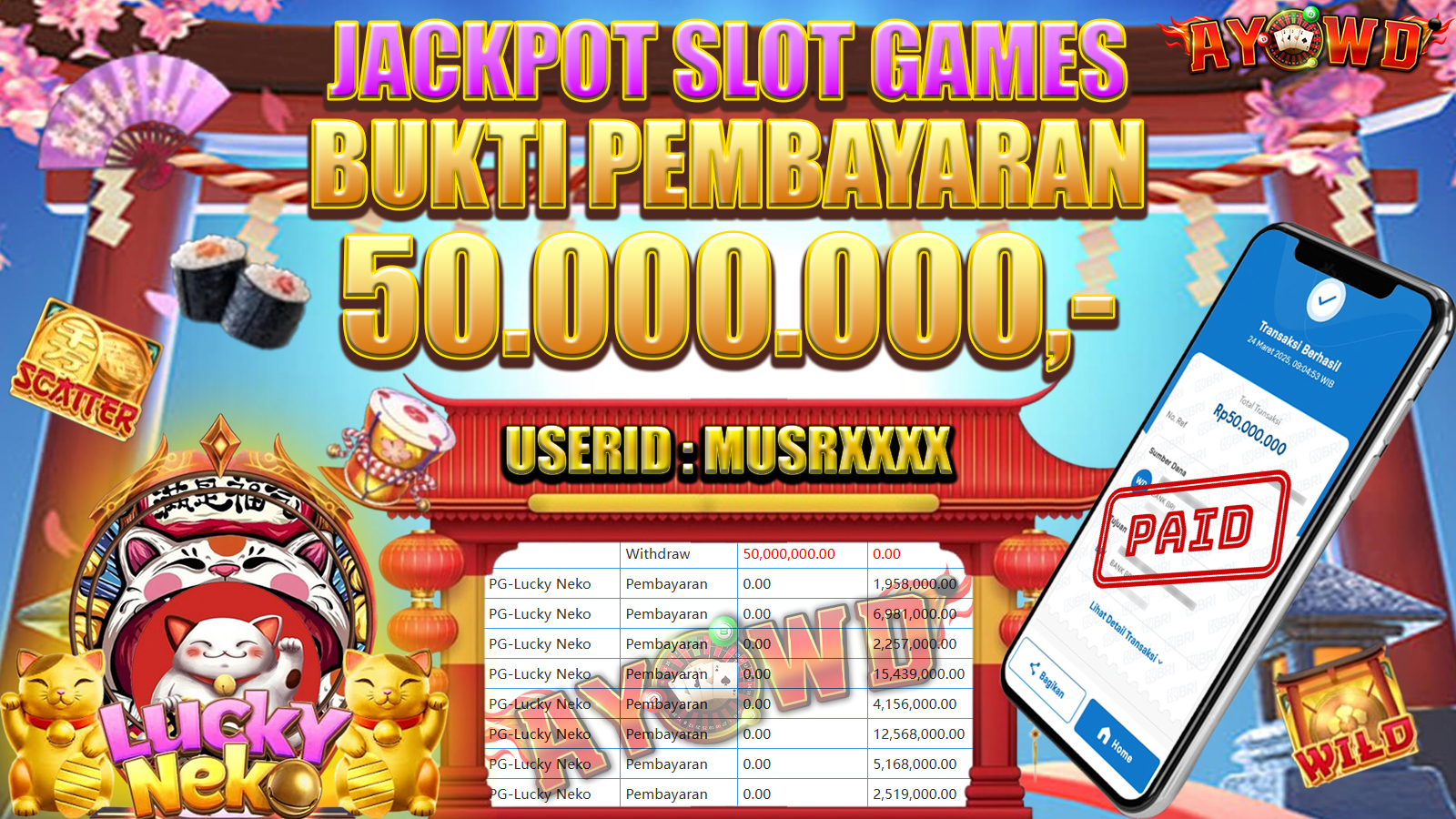 AYOWD JACKPOT SLOT GAMES PG-Lucky Neko Rp 50,000,000,- LUNAS