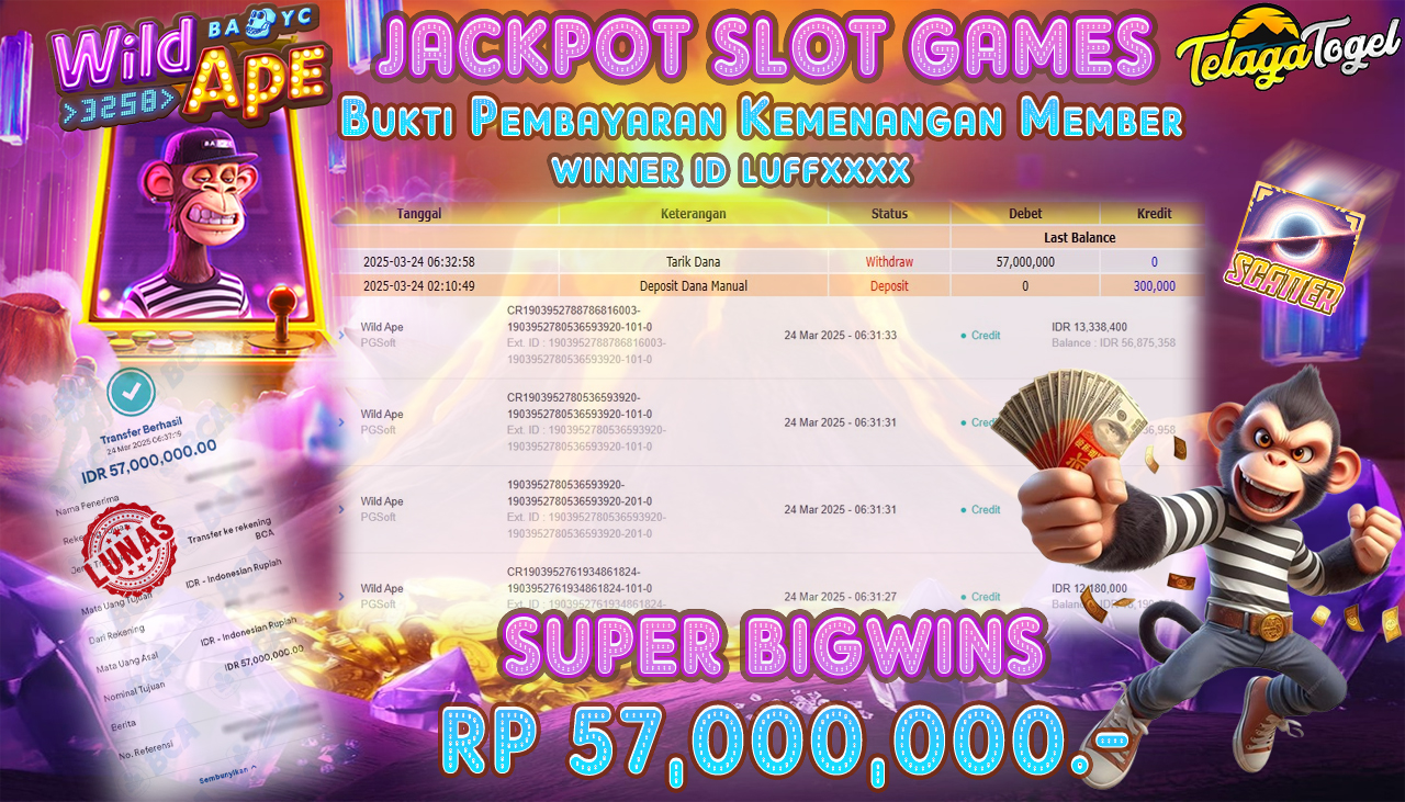 TELAGATOGEL JACKPOT SLOT WILD APE Rp 57,000,000,- LUNAS 