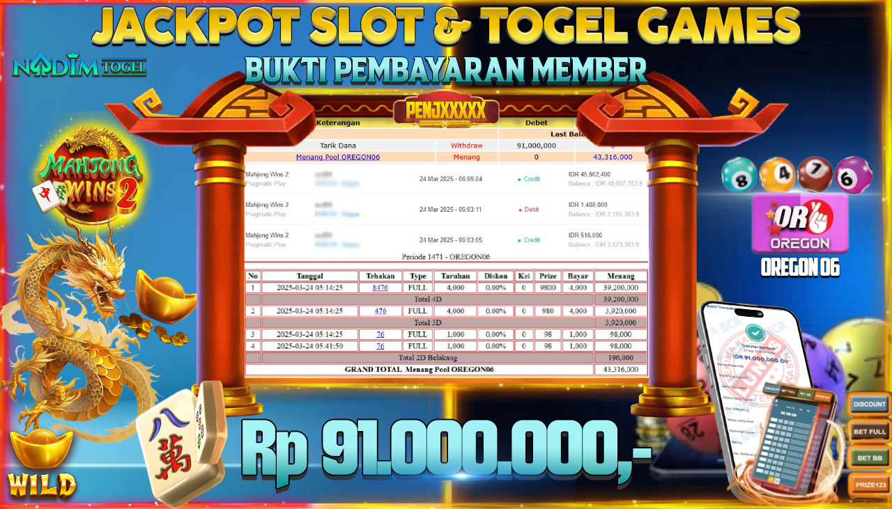 NADIMTOGEL JACKPOT SLOT MAHJONG WINS 2 & TOGEL OREGON 06 Rp.91.000.000,- LUNAS