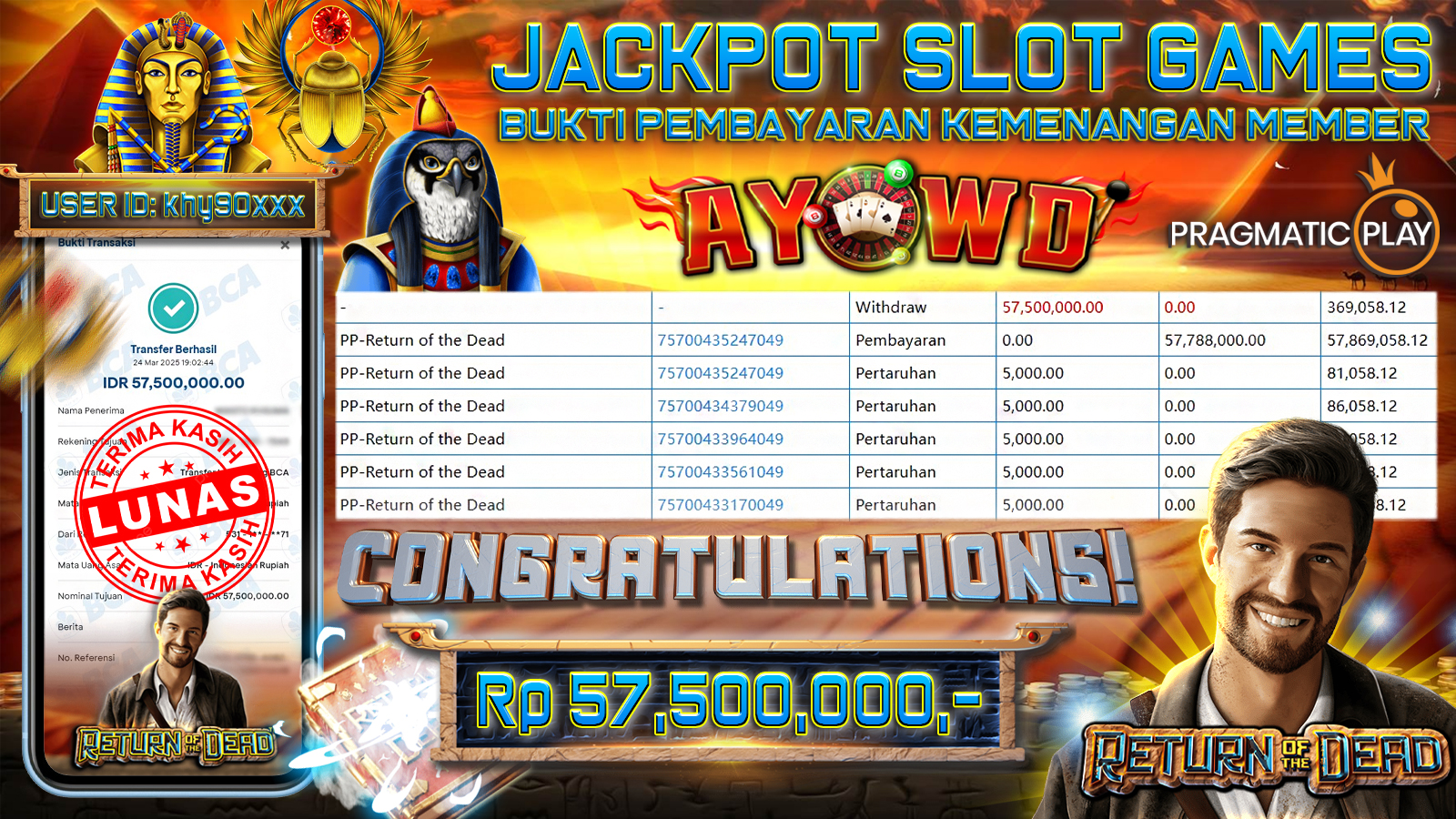 AYOWD JACKPOT SLOT GAMES PP-Return of the Dead Rp 57,500,000,- LUNAS