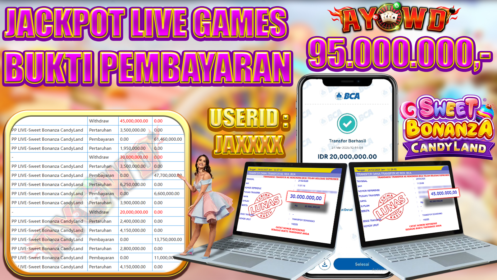 AYOWD JACKPOT LIVE GAMES PP LIVE-Sweet Bonanza CandyLand Rp 95,000,000,- LUNAS
