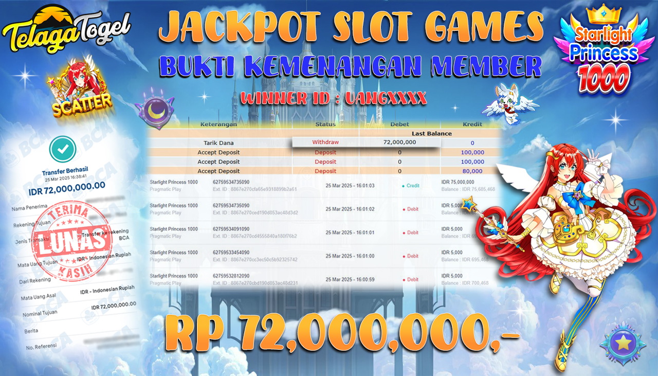 TELAGATOGEL JACKPOT SLOT STARLIGHT PRINCESS 1000 Rp 72,000,000,- LUNAS 