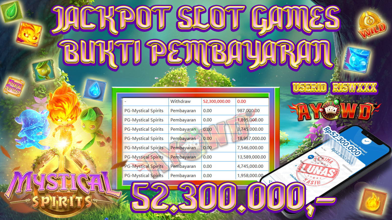 AYOWD JACKPOT SLOT GAMES PG-Mystical Spirits Rp 52,300,000,- LUNAS