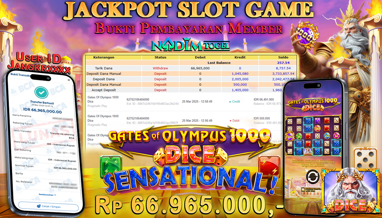 NADIMTOGEL JACKPOT SLOT GATES OF OLYMPUS 1000 DICE  Rp 66.965.000,- LUNAS