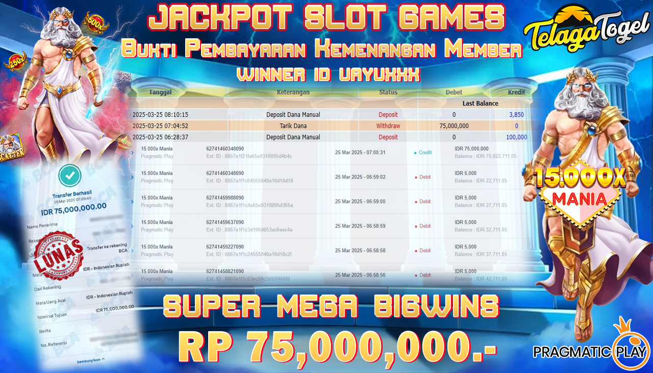 TELAGATOGEL JACKPOT SLOT 15,000X MANIA Rp 75,000,000,- LUNAS 