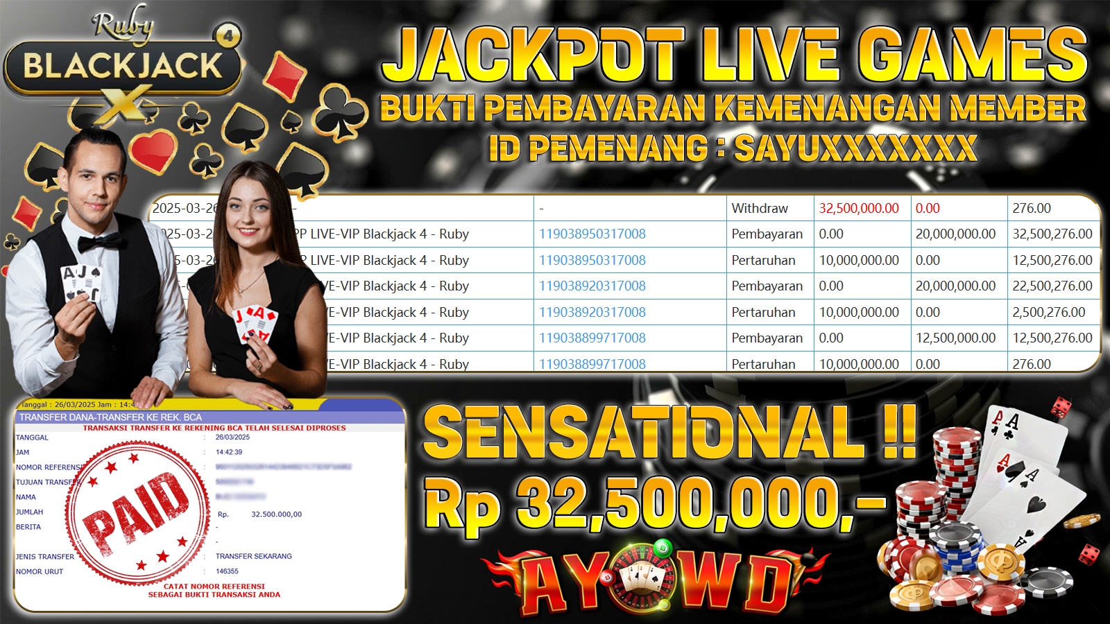 AYOWD JACKPOT LIVE GAMES PP LIVE-VIP Blackjack 4 - Ruby 32,500,000 LUNAS