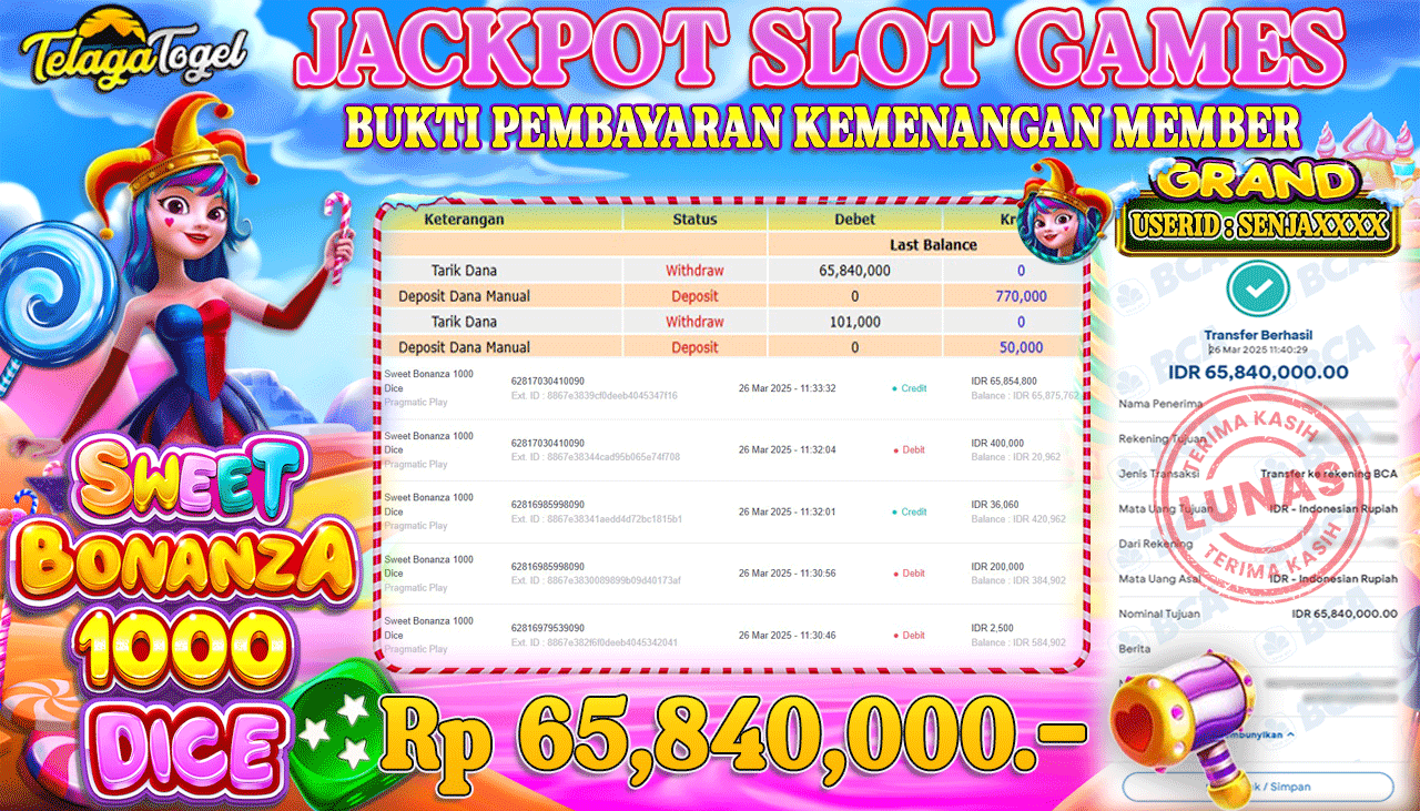 TELAGATOGEL JACKPOT SLOT SWEET BONANZA 1000 DICE Rp 65,840,000,- LUNAS 