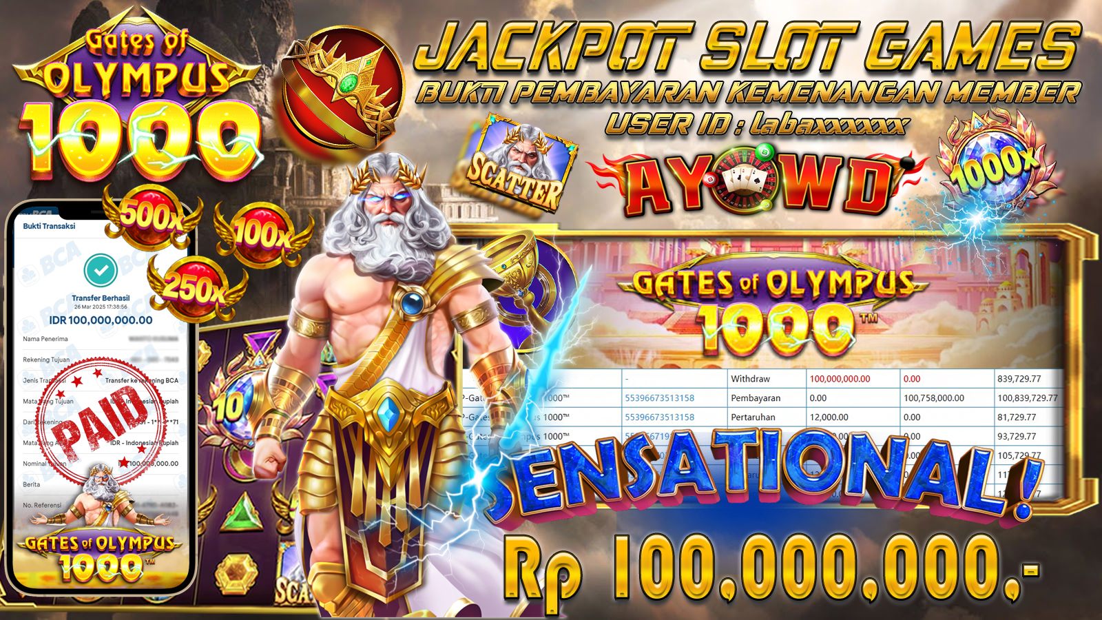 AYOWD JACKPOT SLOT GAMES PP-GATES OF OLYMPUS 1000 Rp 100,000,000,- LUNAS