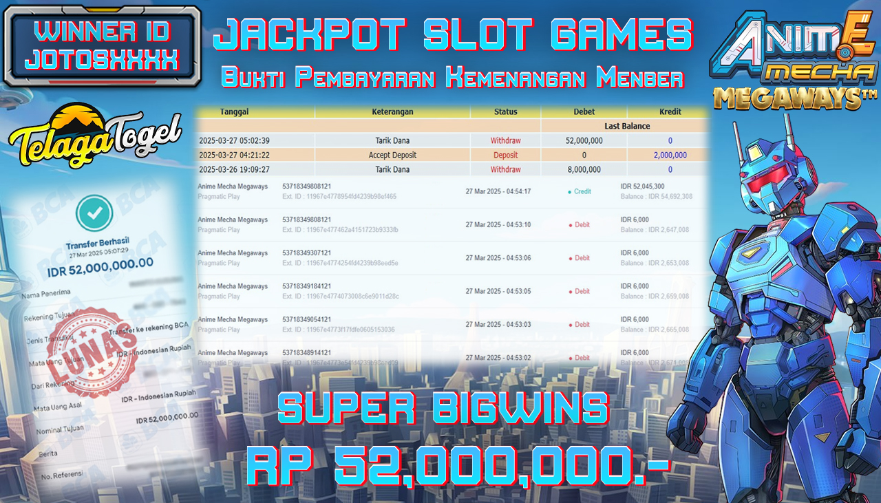 TELAGATOGEL JACKPOT SLOT ANIME MECHA MEGAWAYS Rp 52,000,000,- LUNAS 