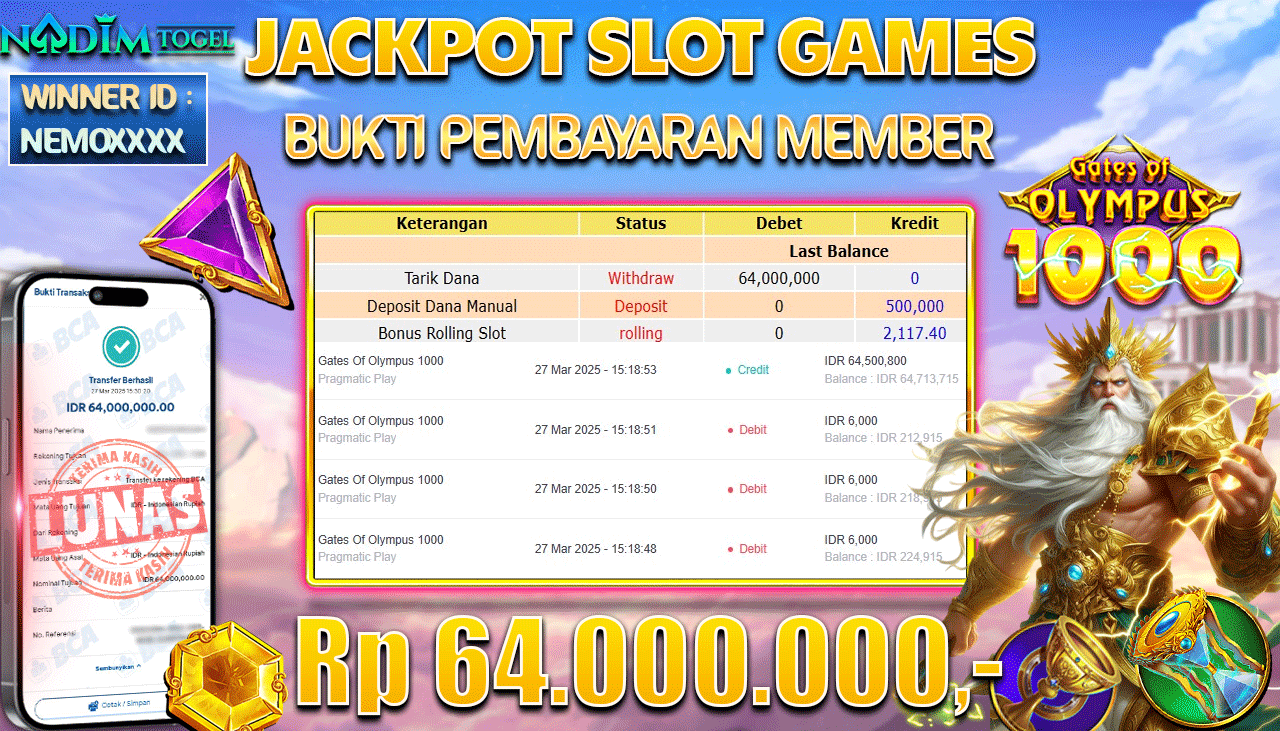 NADIMTOGEL JACKPOT SLOT GATES OF OLYMPUS 1000 Rp 64.000.000,- LUNAS