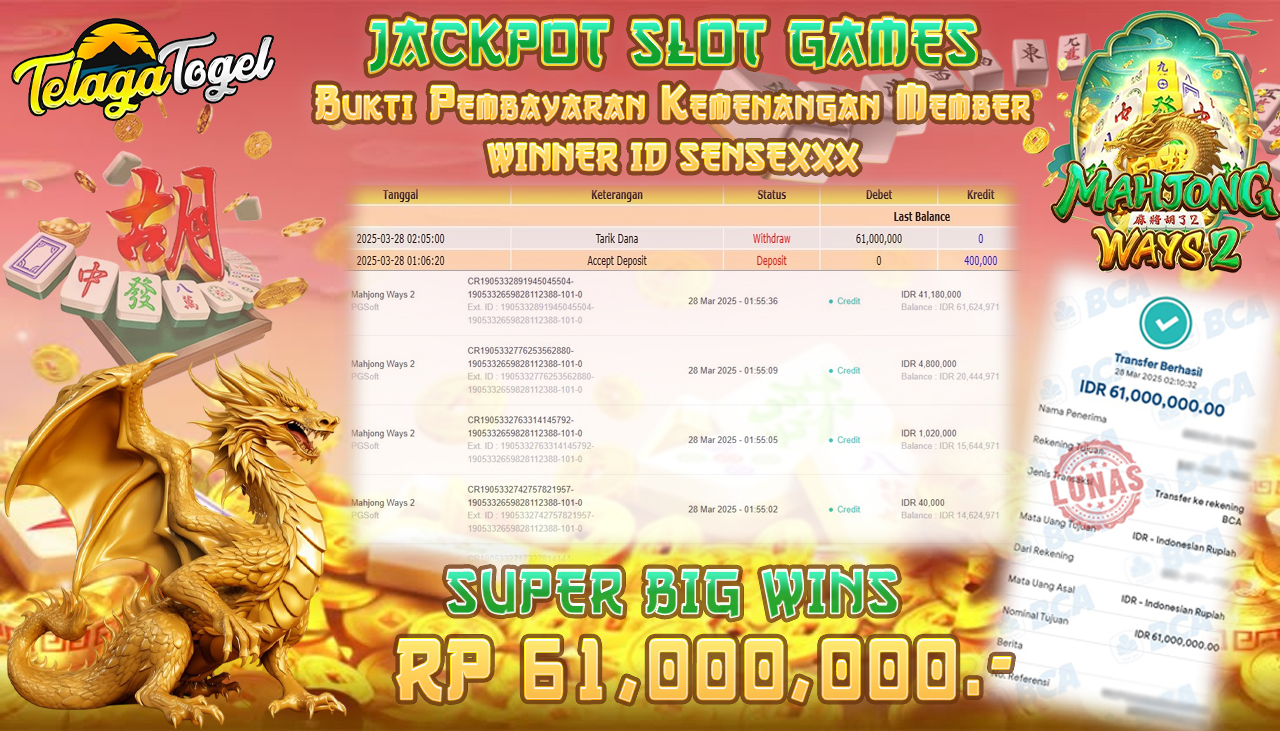 TELAGATOGEL JACKPOT SLOT MAHJONG WAYS2 Rp 61,000,000,- LUNAS 