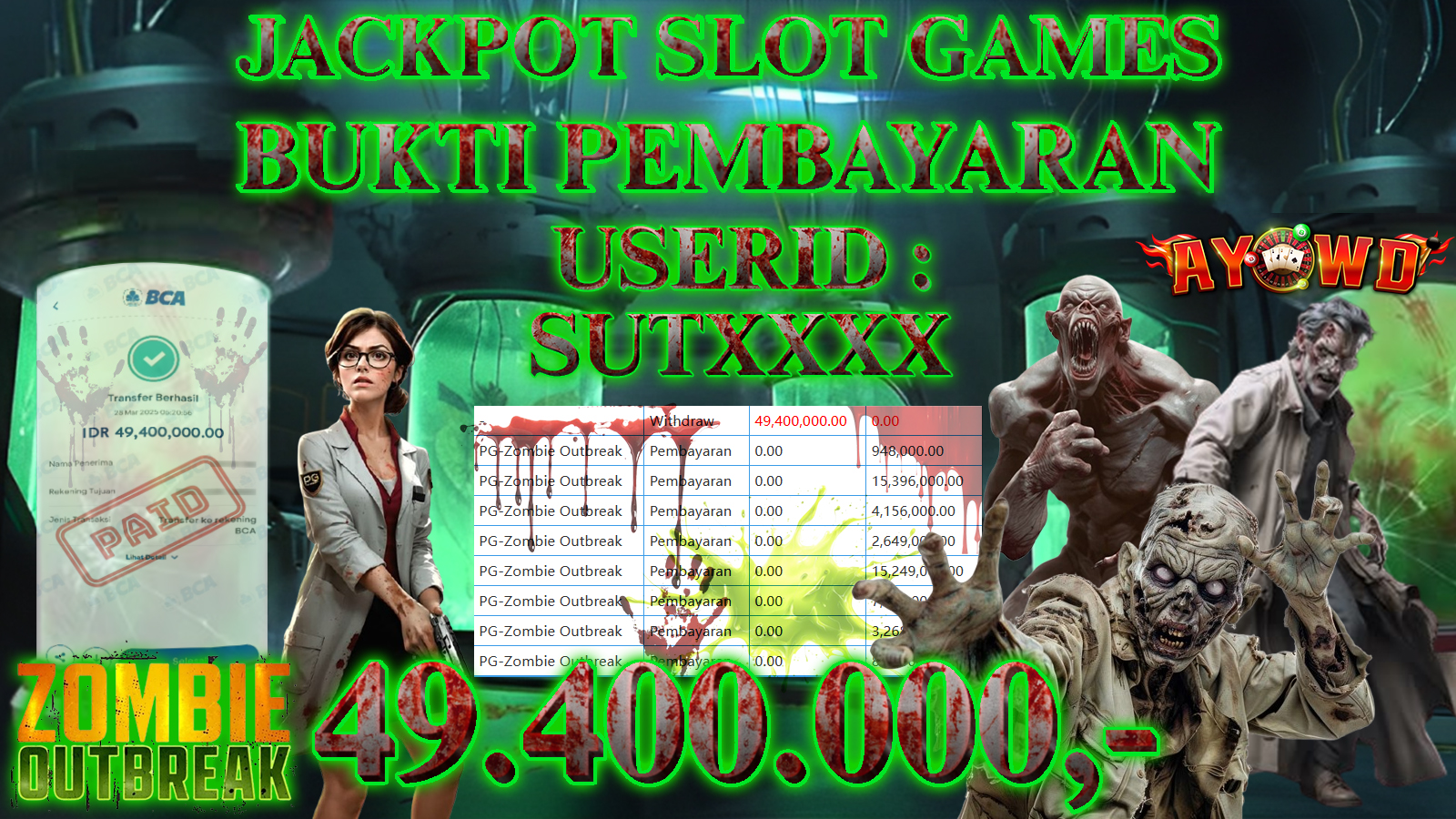 AYOWD JACKPOT SLOT GAMES PG-Zombie Outbreak Rp 49,400,000,- LUNAS