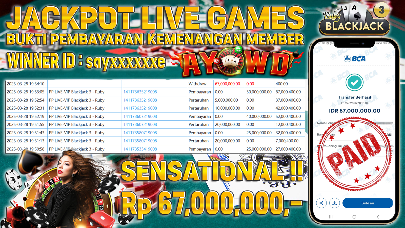 AYOWD JACKPOT LIVE GAMES PP LIVE-VIP Blackjack 3 - Ruby 67,000,000 LUNAS
