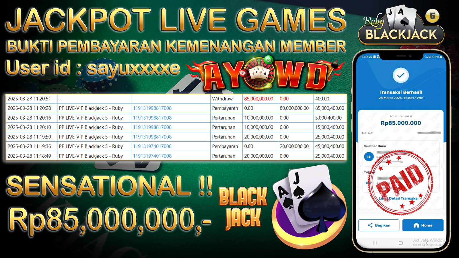 AYOWD JACKPOT LIVE GAMES PP LIVE-VIP Blackjack 5 - Ruby 85,000,000 LUNAS