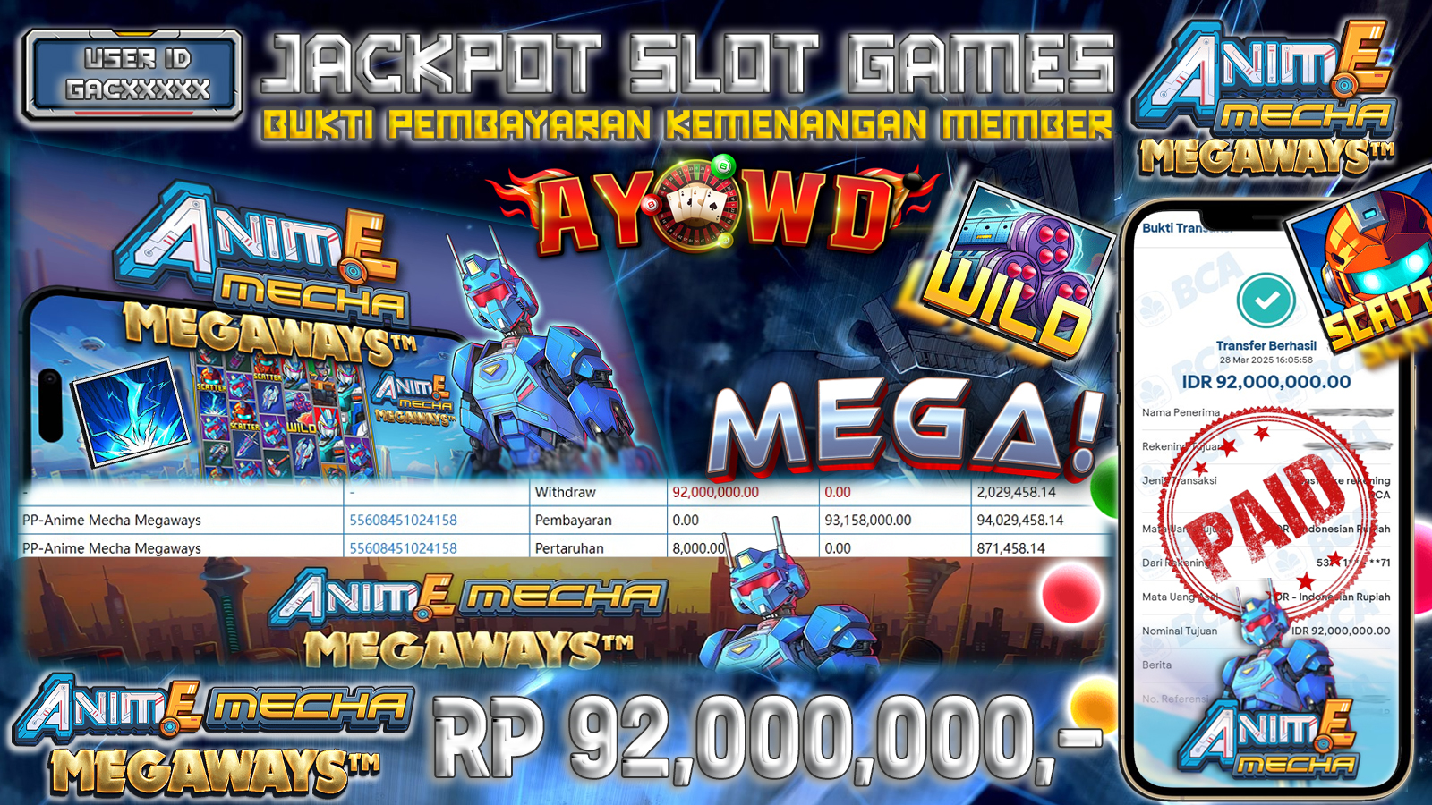 AYOWD JACKPOT SLOT GAMES PP-ANIME MECHA MEGAWAYS 92,000,000 LUNAS