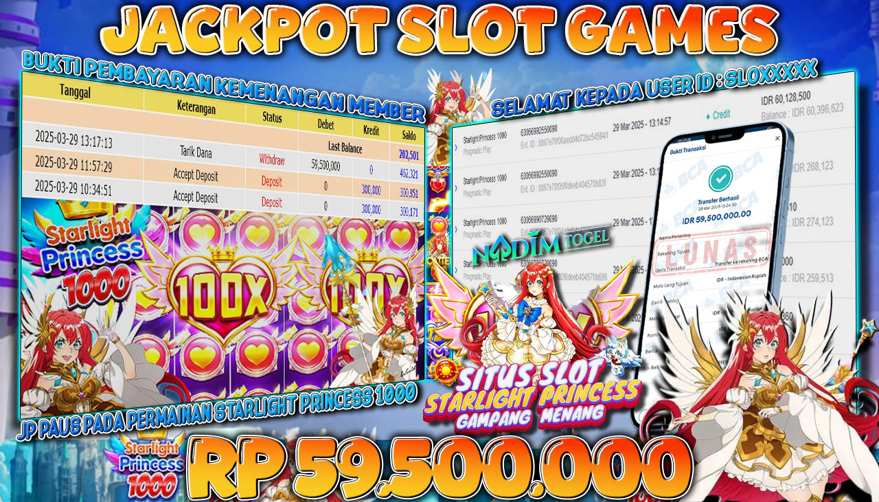 NADIMTOGEL JACKPOT SLOT STARLIGHT PRINCESS 1000 Rp 59.500.000,- LUNAS