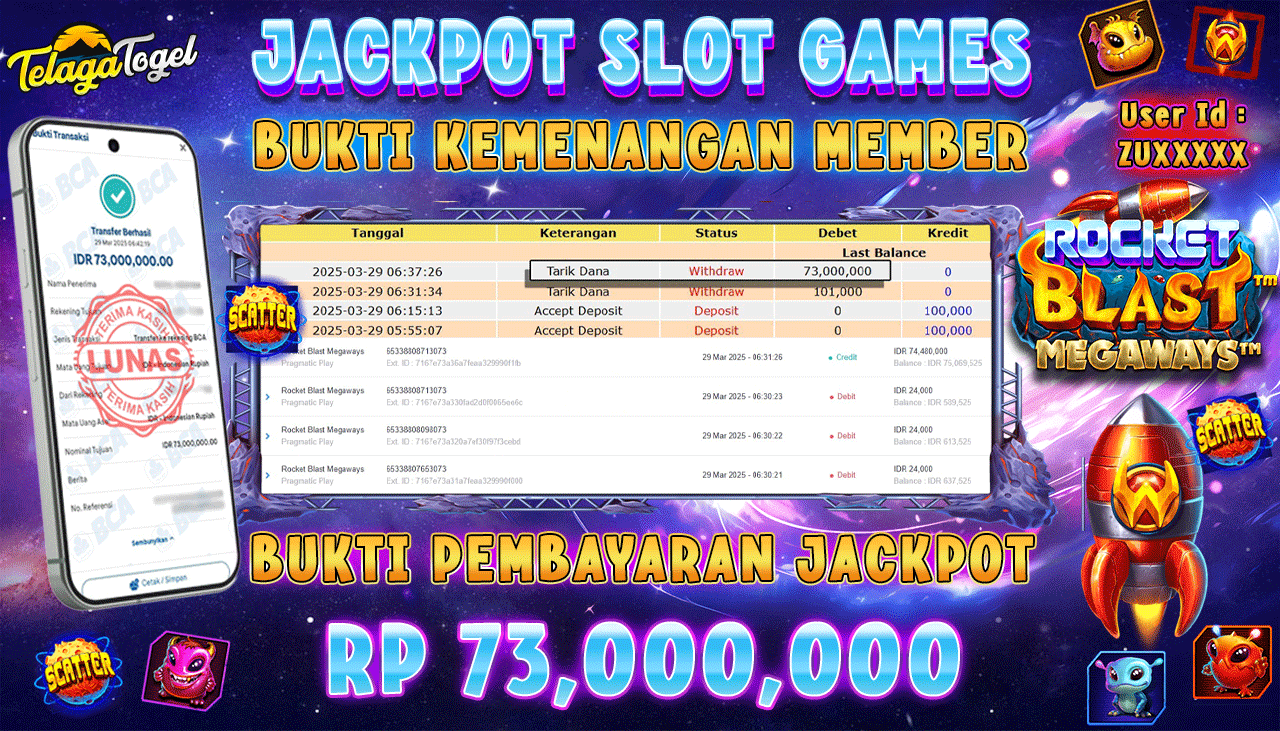 TELAGATOGEL JACKPOT SLOT ROCKET BLAST MEGAWAYS Rp 73,000,000,- LUNAS 