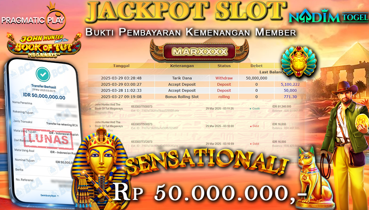 NADIMTOGEL JACKPOT SLOT JOHN HUNTER AND THE BOOK OF TUT MEGAWAYS Rp 50,000,000,- LUNAS
