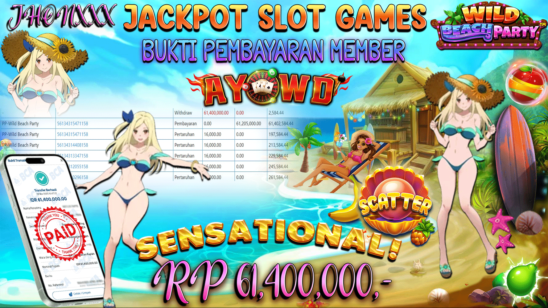 AYOWD JACKPOT SLOT GAMES PP-wild beach party 61,400,000,- LUNAS