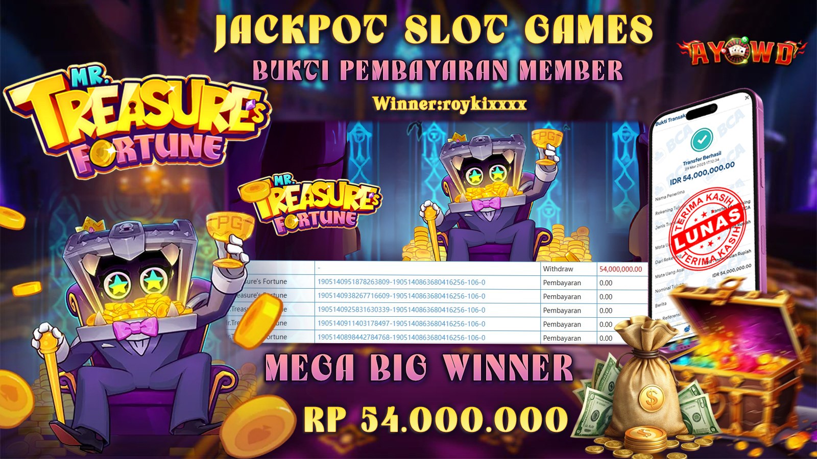 AYOWD JACKPOT SLOT GAMES PG-Mr Treasures Fortune 54,000,000,- LUNAS