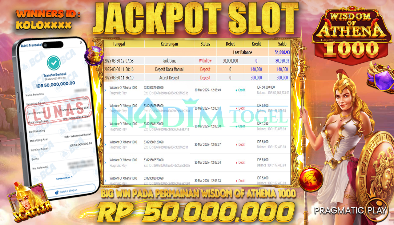 NADIMTOGEL JACKPOT SLOT WISDOM OF ATHENA 1000 Rp 50.000.000,- LUNAS