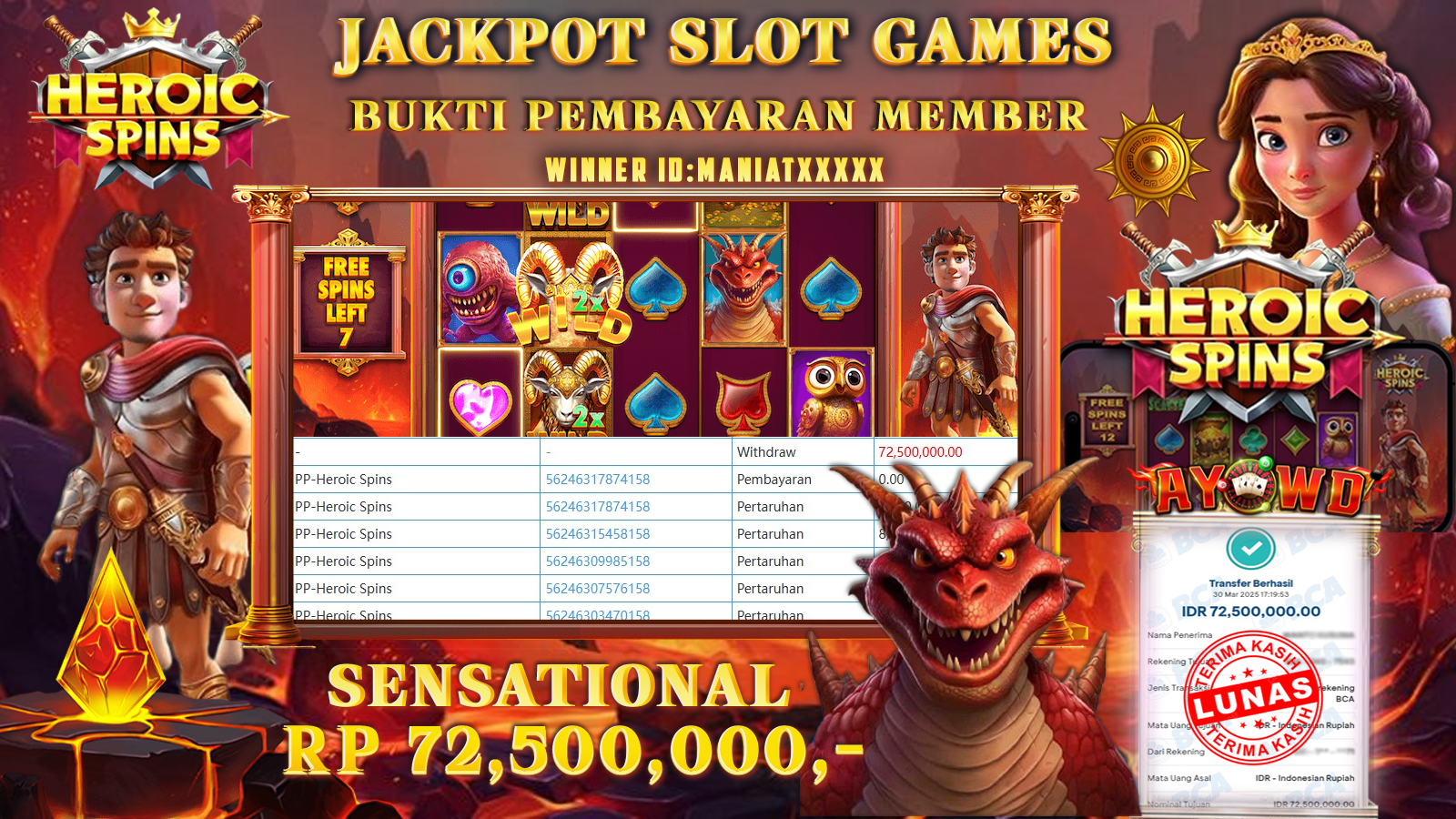 AYOWD JACKPOT SLOT GAMES PP-HEROIC SPINS 72,500,000,- LUNAS