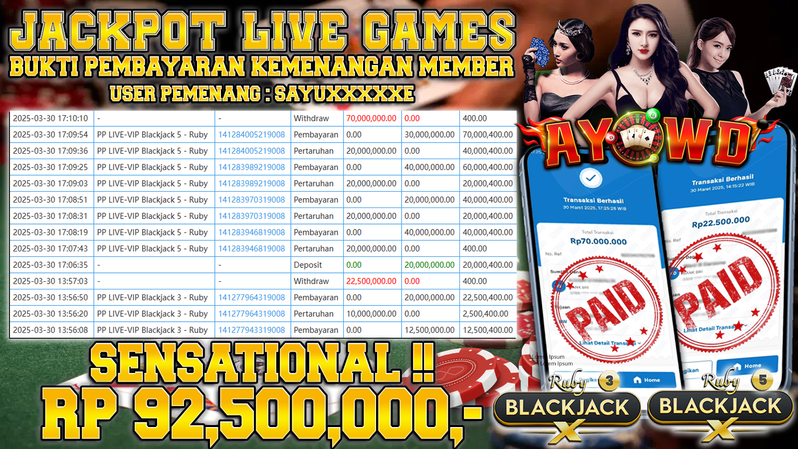 AYOWD JACKPOT LIVE GAMES PP LIVE-VIP Blackjack 3 - Ruby & PP LIVE-VIP Blackjack 5 - Ruby 92,500,000 LUNAS