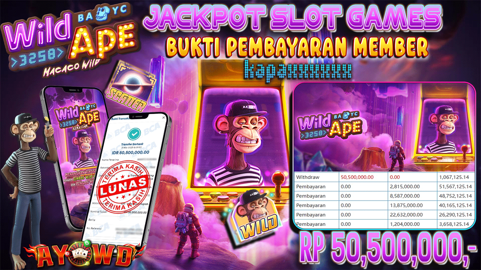 AYOWD JACKPOT SLOT GAMES PG-WILD APE #3258 50,500,000,- LUNAS