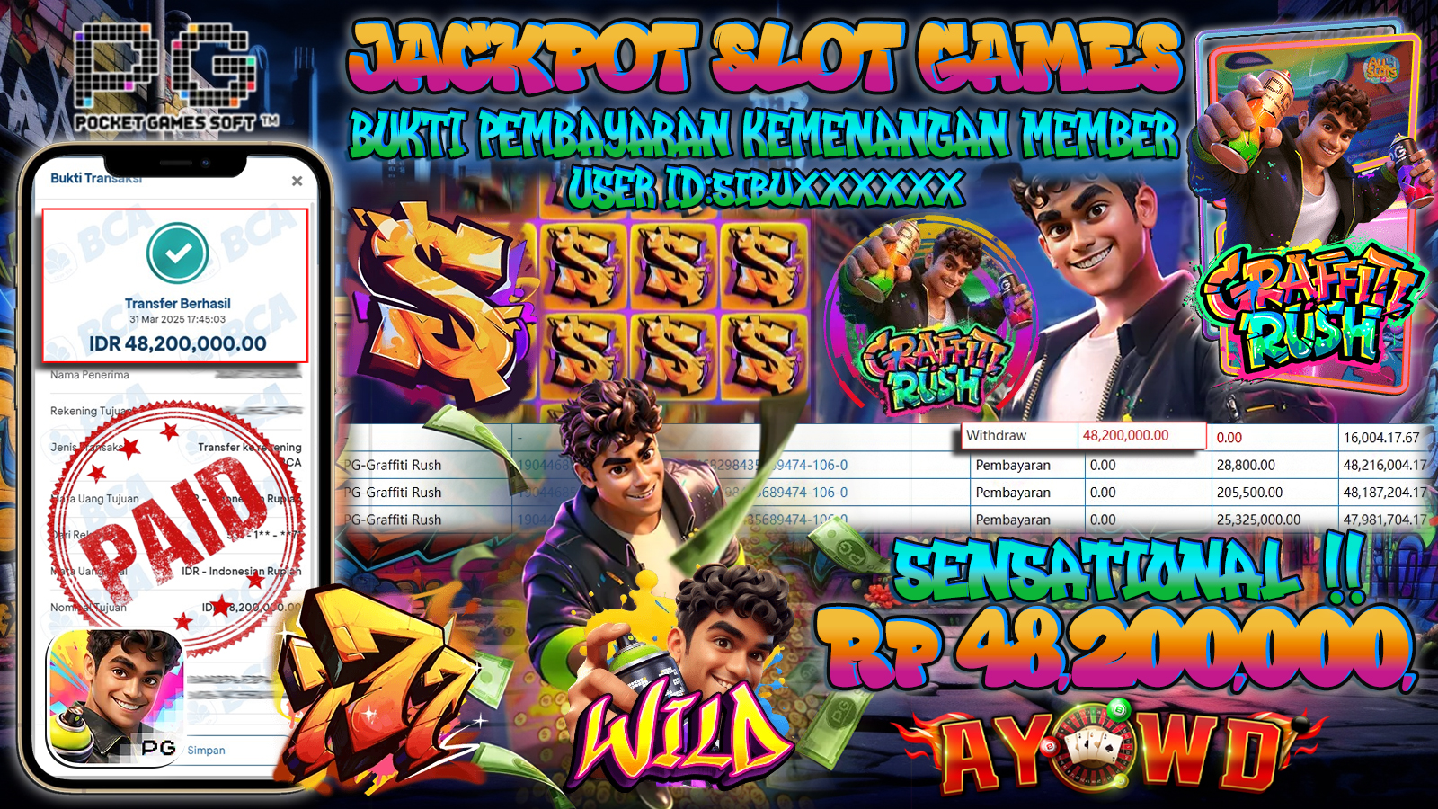 AYOWD JACKPOT SLOT GAMES PG-GRAFFITI RUSH 48,200,000,- LUNAS