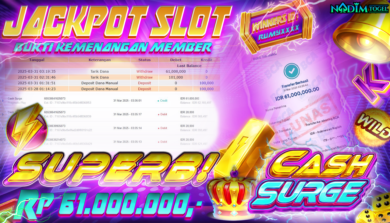 NADIMTOGEL JACKPOT SLOT CASH SURGE Rp 62,000,000,- LUNAS