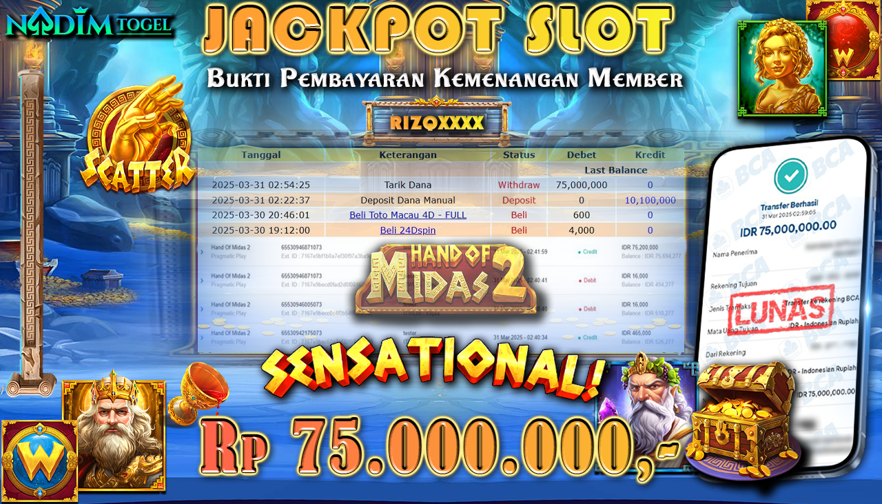 NADIMTOGEL JACKPOT SLOT HAND OF MIDAS 2  Rp 75,000,000,- LUNAS