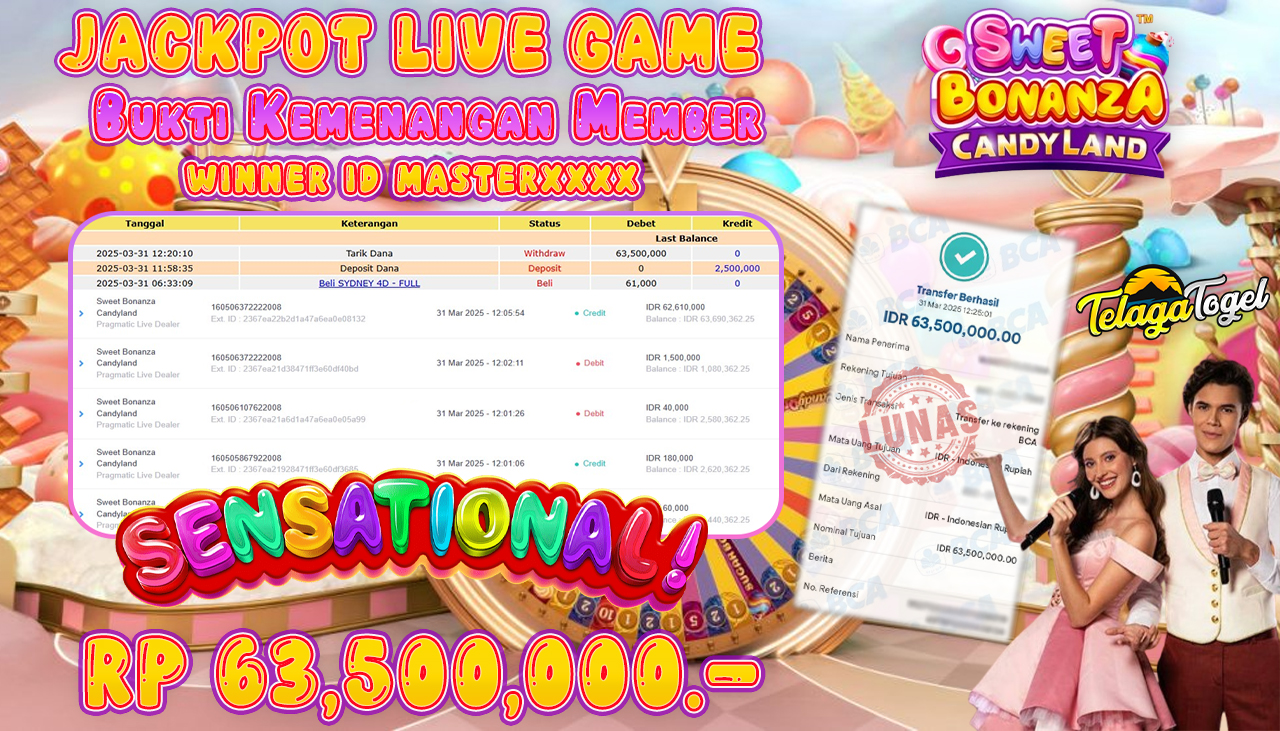 TELAGATOGEL JACKPOT LIVE GAMES SWEET BONANZA CANDYLAND Rp 63,500,000,- LUNAS 