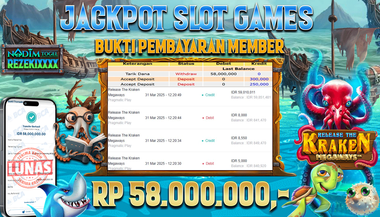 NADIMTOGEL JACKPOT SLOT RELEASE THE KRAKEN MEGAWAYS Rp 58.000.000,- LUNAS