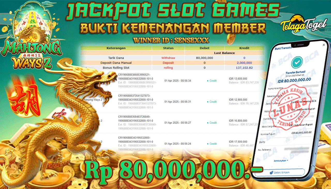 TELAGATOGEL JACKPOT SLOT MAHJONG WAYS 2 Rp 80,000,000,- LUNAS 