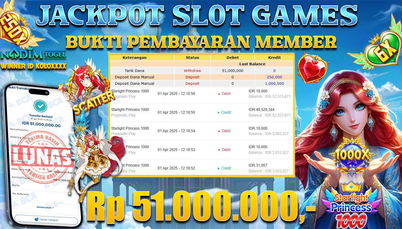 NADIMTOGEL JACKPOT SLOT STARLIGHT PRINCESS 1000 Rp 51.000.000,- LUNAS