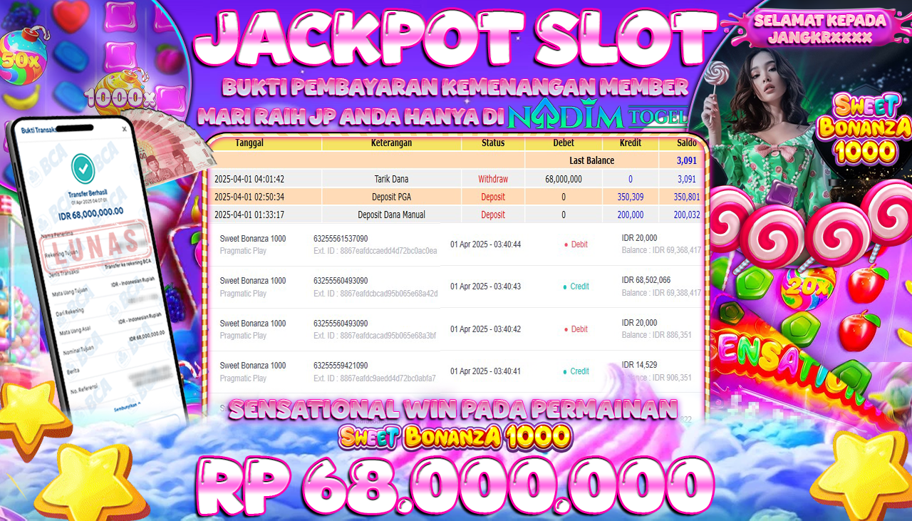 NADIMTOGEL JACKPOT SLOT SWEET BONANZA 1000 Rp 68.000.000,- LUNAS