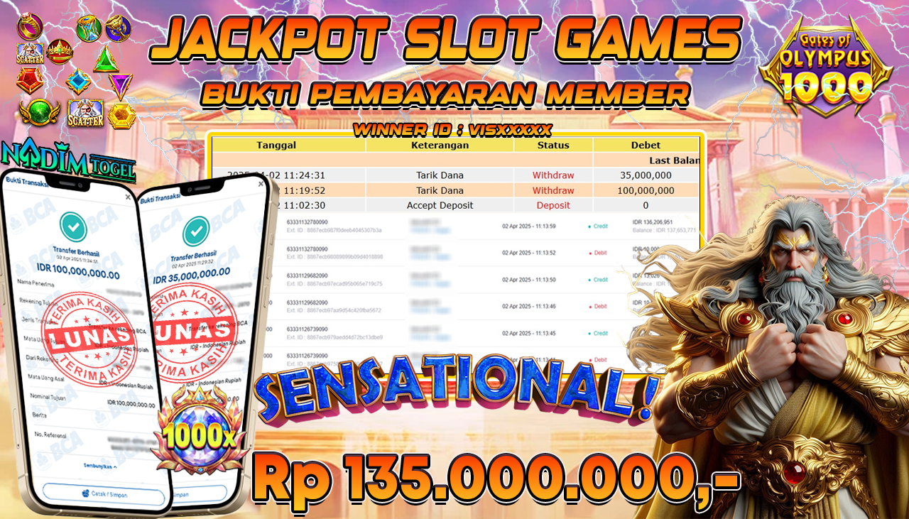 NADIMTOGEL JACKPOT SLOT GATES OF OLYMPUS 1000 Rp 135,000,000,- LUNAS