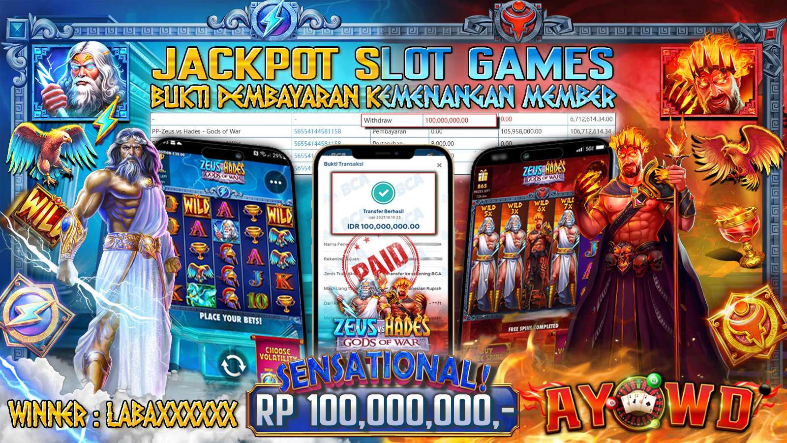 AYOWD JACKPOT SLOT GAMES PP-ZEUS VS HADES Gods Of War Rp 100,000,000,- LUNAS