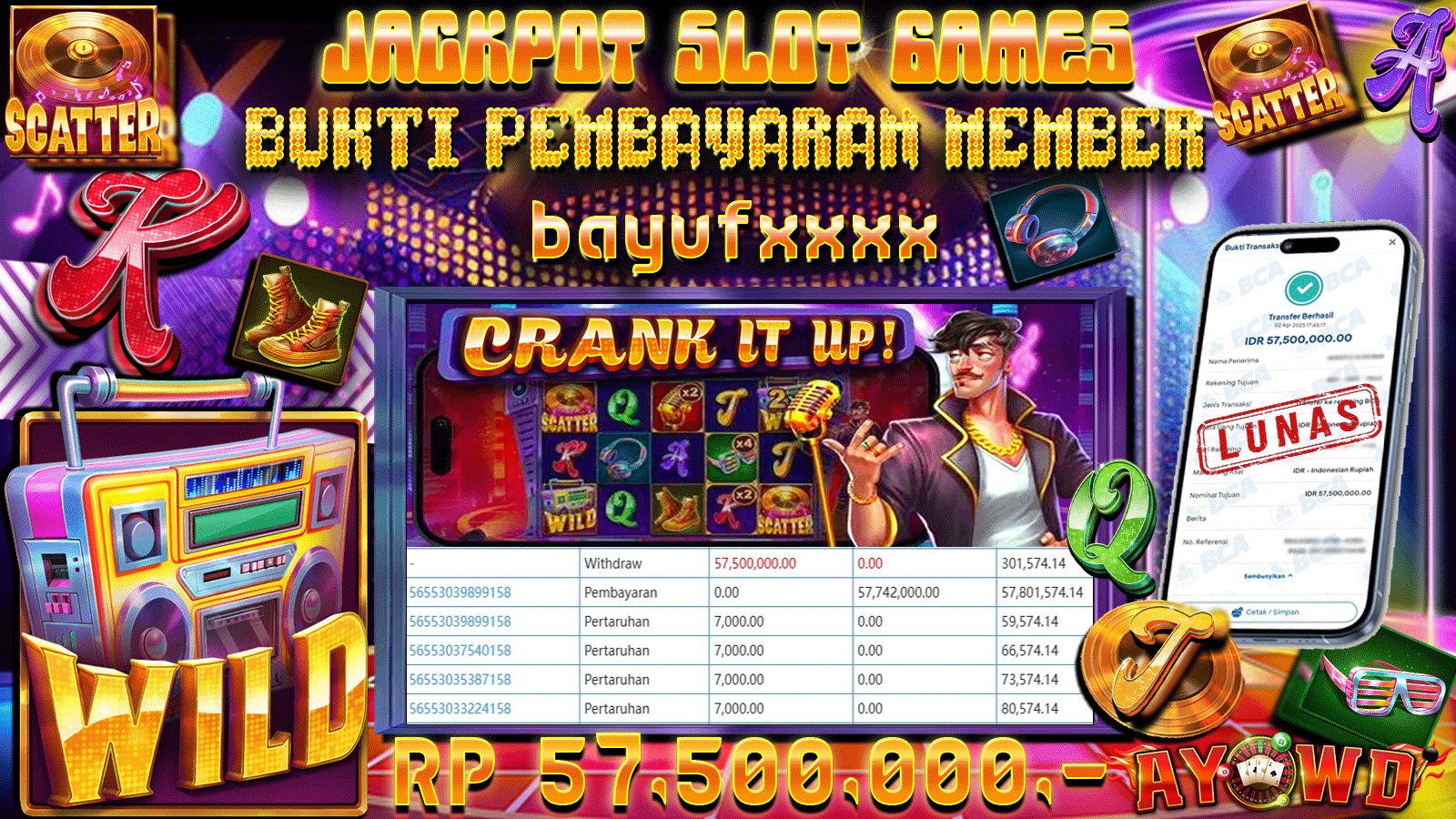 AYOWD JACKPOT SLOT GAMES PP-CRANK IT UP Rp 57,500,000,- LUNAS