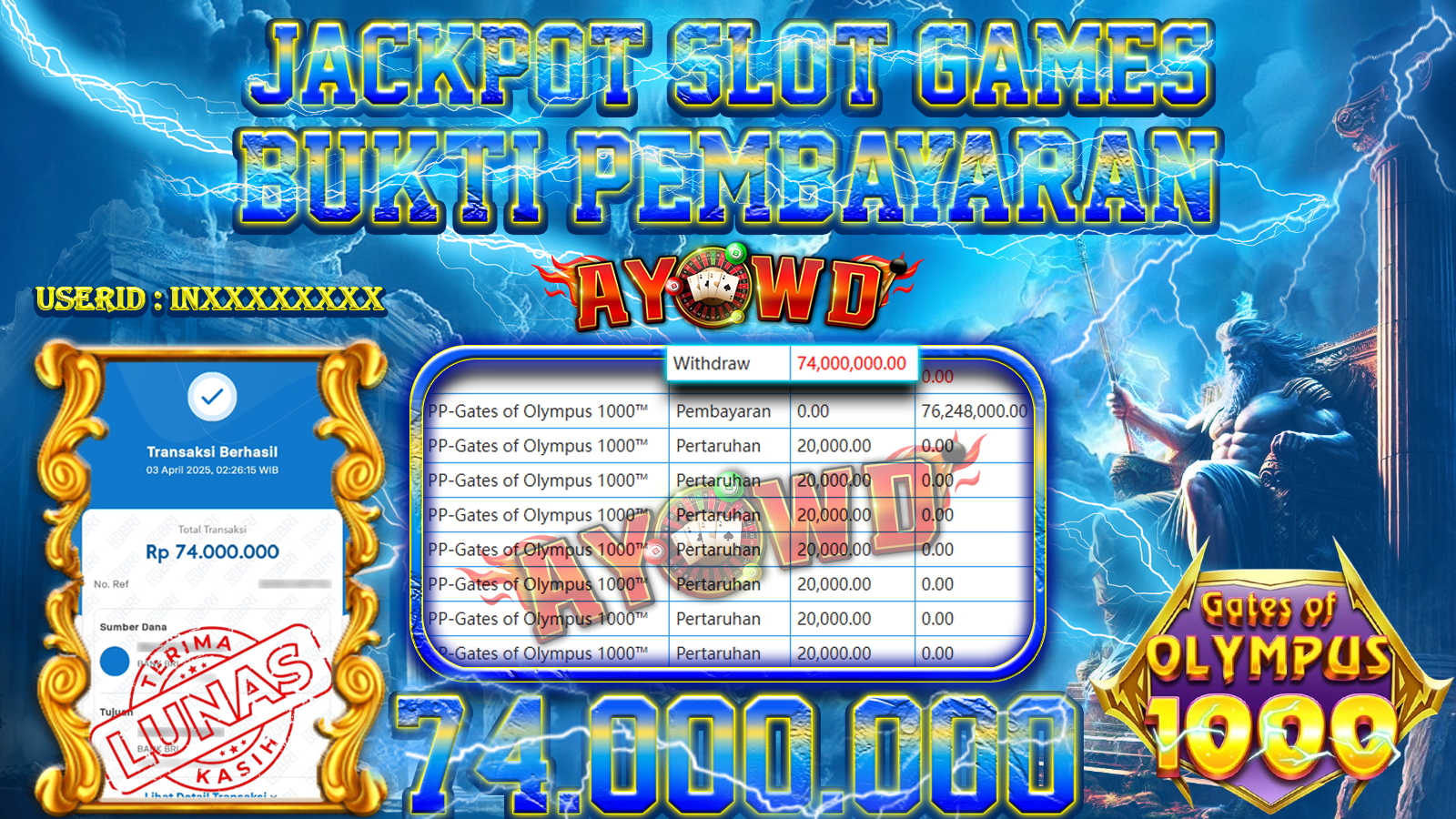 AYOWD JACKPOT SLOT GAMES PP-Gates of Olympus 1000™ Rp 74,000,000,- LUNAS