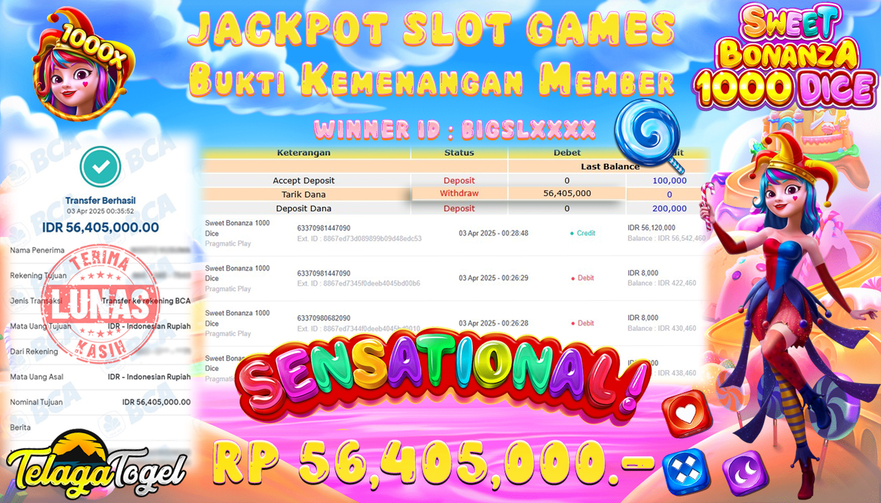 TELAGATOGEL JACKPOT SLOT SWEET BONANZA 1000 DICE Rp 56,405,000,- LUNAS 