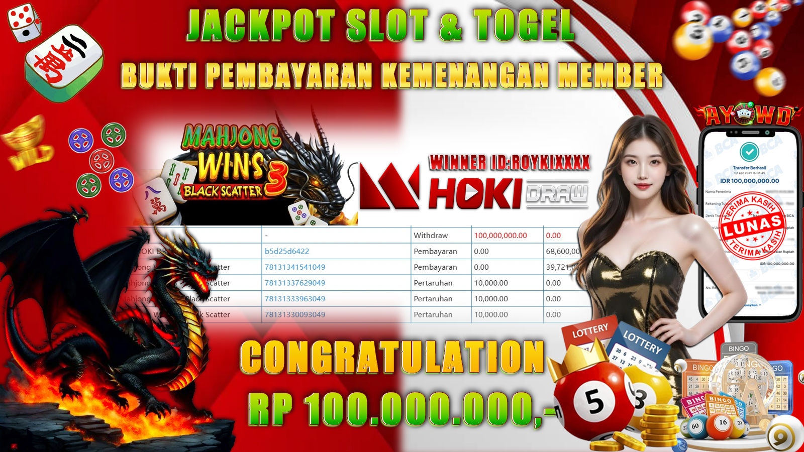 AYOWD JACKPOT SLOT GAMES-MAHJONG WINS BLACK SCATTER 3 & TOGEL-LOTTERY HOKI DRAW Rp 100,000,000,- LUNAS