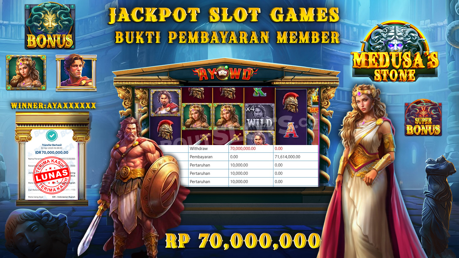 AYOWD JACKPOT SLOT GAMES PP-MEDUSAS STONE Rp 70,000,000,- LUNAS