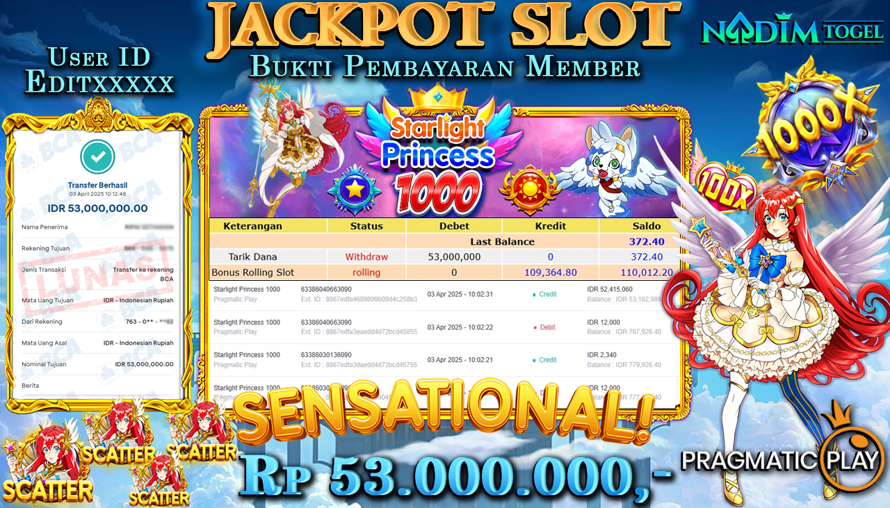 NADIMTOGEL JACKPOT SLOT STARLIGHT PRINCESS  1000 Rp 53,000,000,- LUNAS